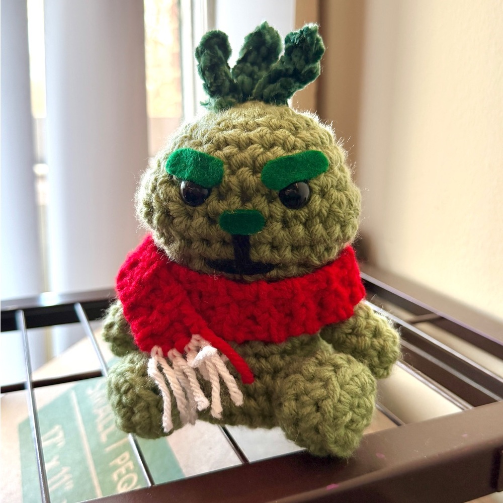 Handmade Grinch Crochet Plushie with Red Scarf